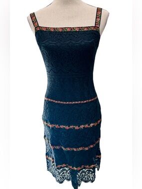 Vintage 90s Nanette Lepore Black Lace Midi Dress Floral Trim Sleeveless Sz 6